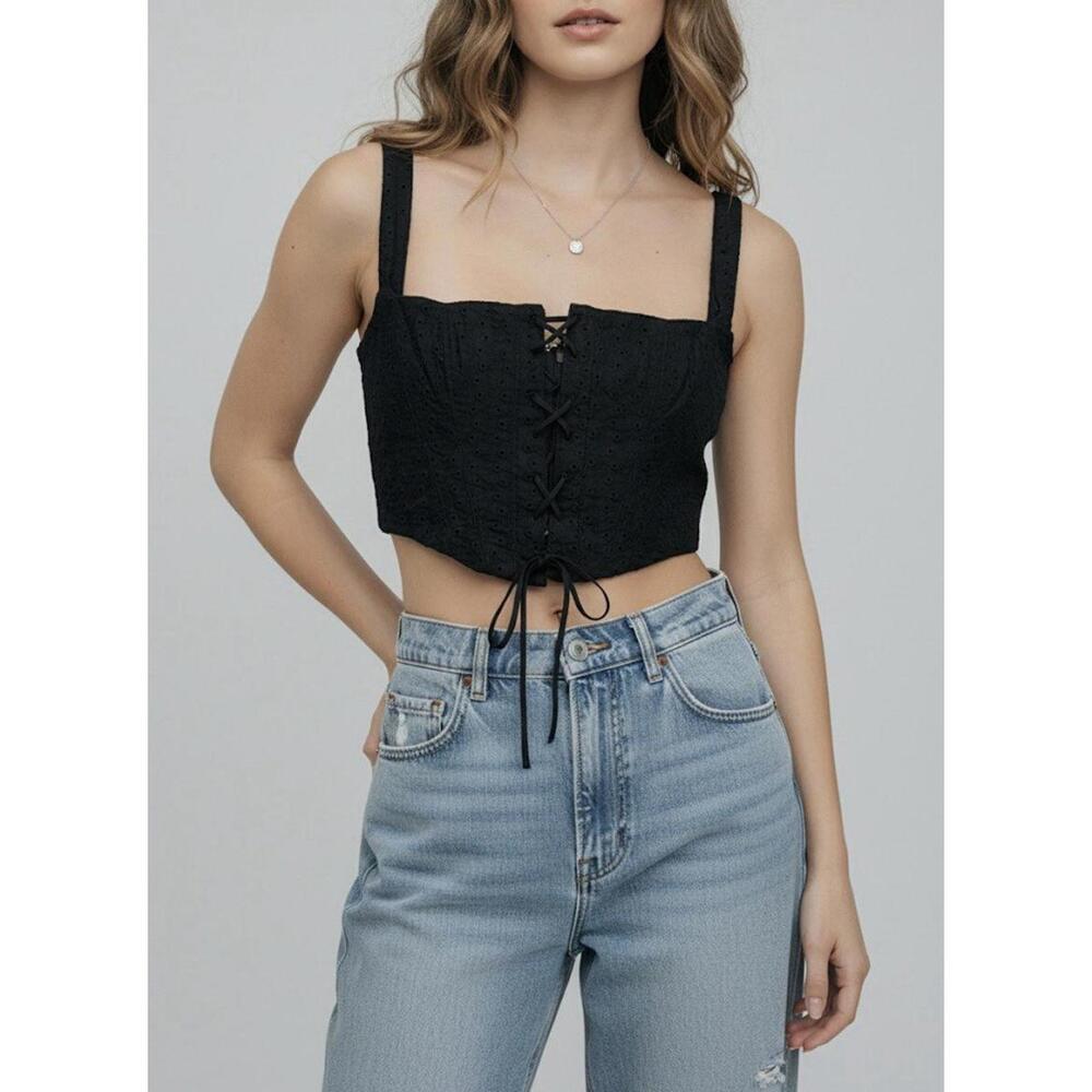 House‎ of CB Lace Up Eyelet Structured Corset Classic Black Top Sz L